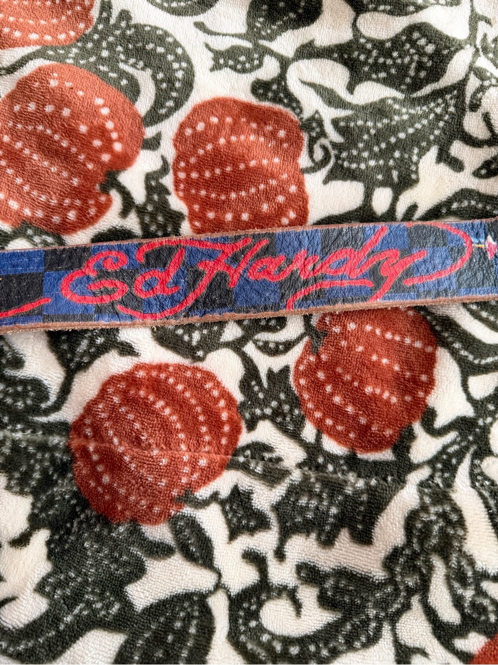Ed Hardy Blue Leather Belt with Pink-Red Script Logo